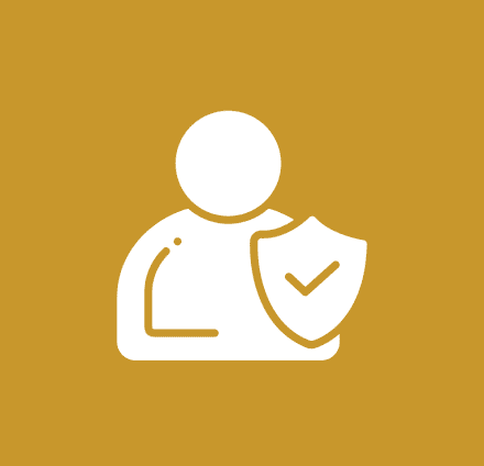 Person icon with shield on yellow background.