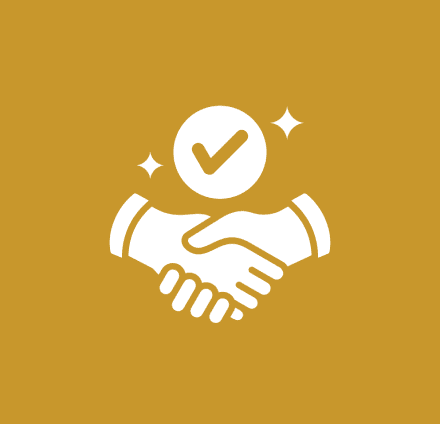Handshake icon with checkmark on gold background.