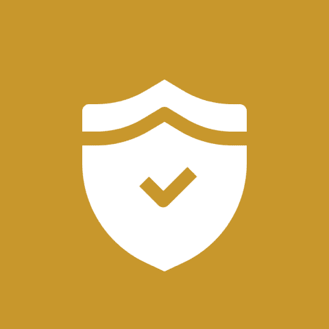 Shield with a checkmark on gold background.